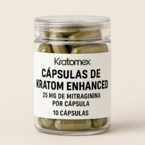 Frasco con cápsulas de kratom Enhanced con 25 mg de mitraginina