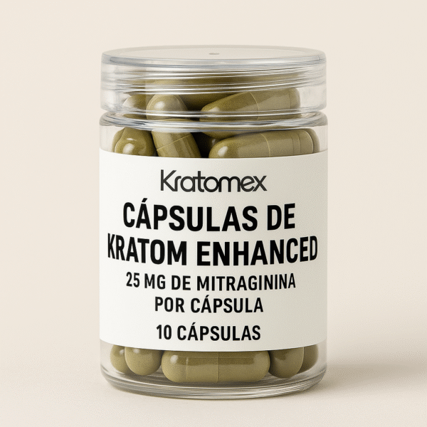 Frasco con cápsulas de kratom Enhanced con 25 mg de mitraginina